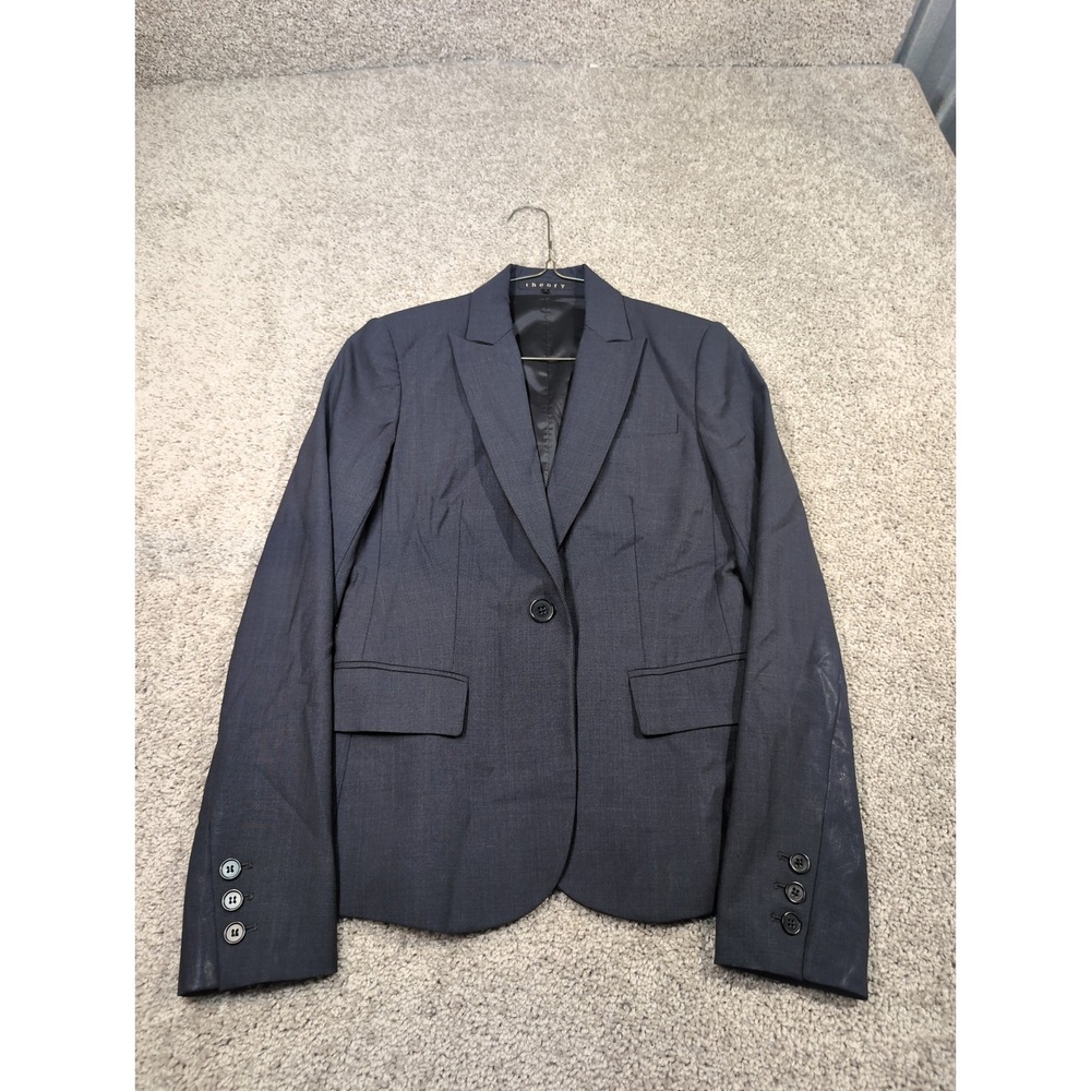 Theory Womens‎ Navy Blue Wool Blend Single Button Blazer Jacket Size 0